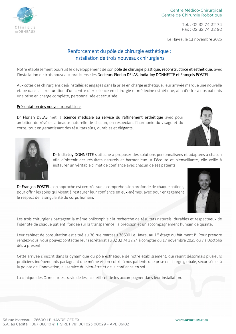 Annonce de l'arrivée de nouveaux chirurgiens plasticiens, esthétiques et reconstructeurs à la clinique