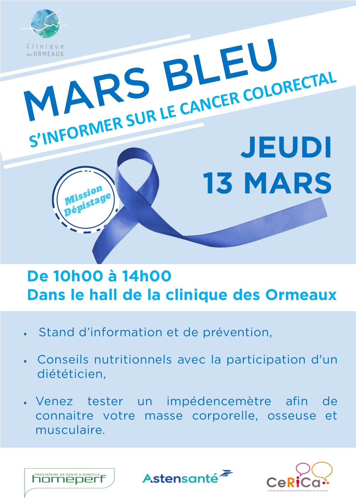 Affiche mars bleu information cancer colorectal aux Ormeaux