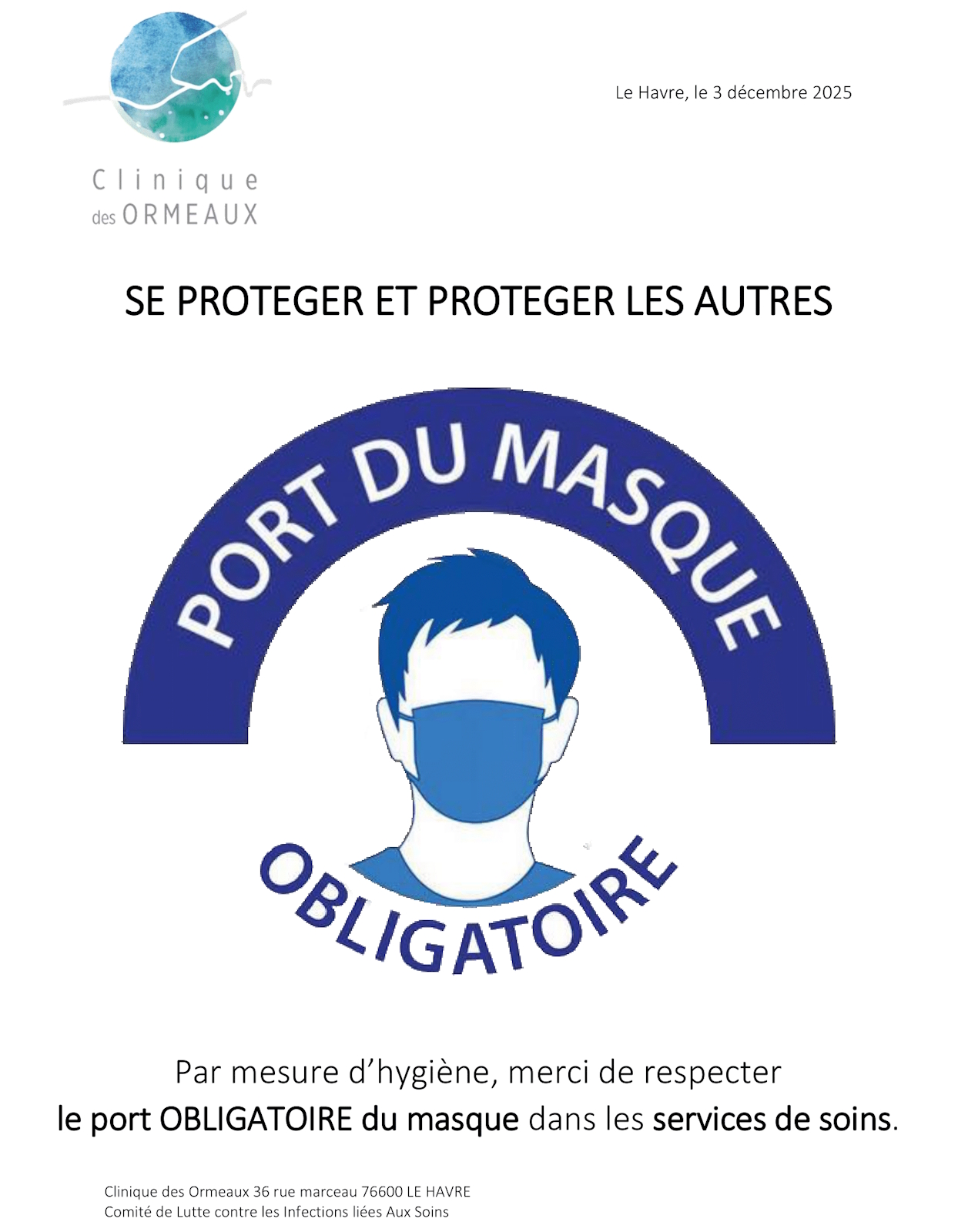 Annonce Masque obligatoire dans les services de soins aux Ormeaux